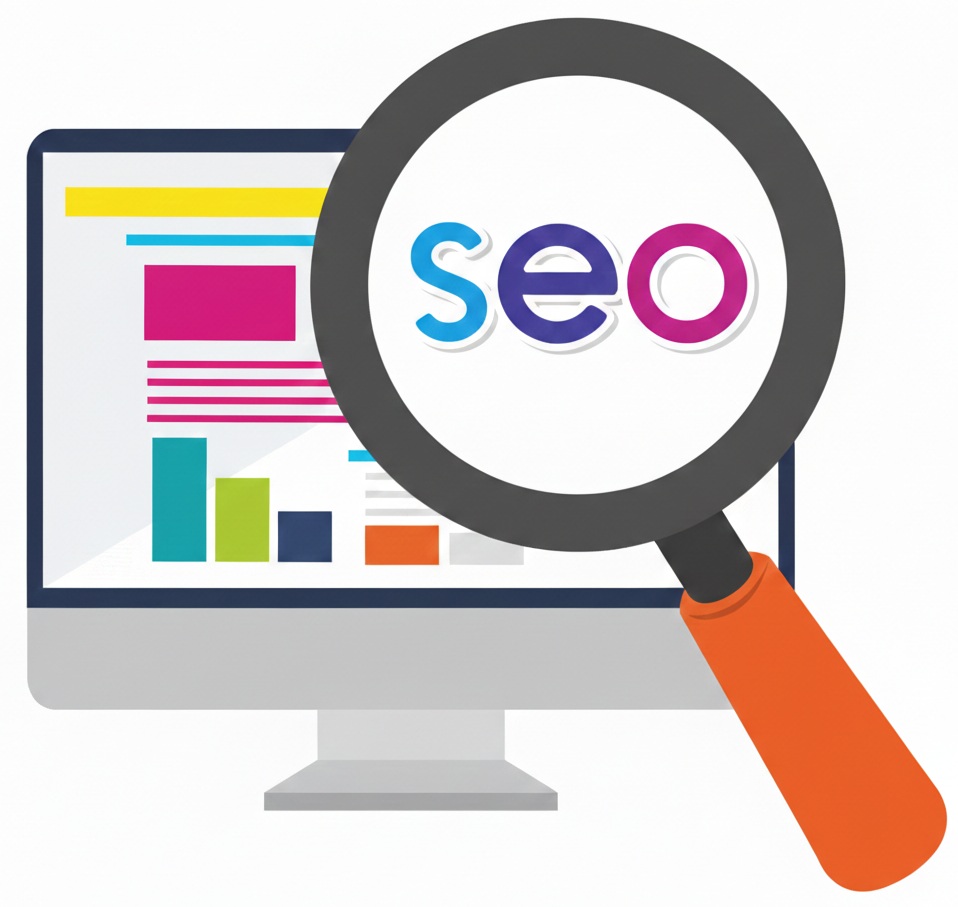 A magnifying glass focusing on the word SEO over a computer monitor displaying advanced web technology and analytics charts.