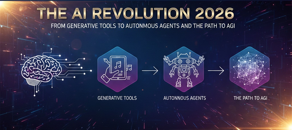Infographic of AI Revolution 2026 showing evolution from Generative tools to AGI