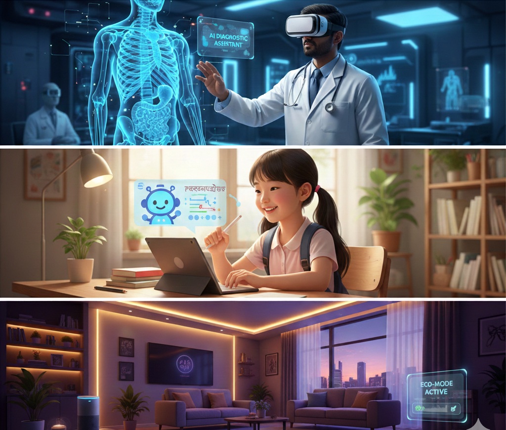 AI applications in healthcare, education, and smart homes during AI Revolution 2026