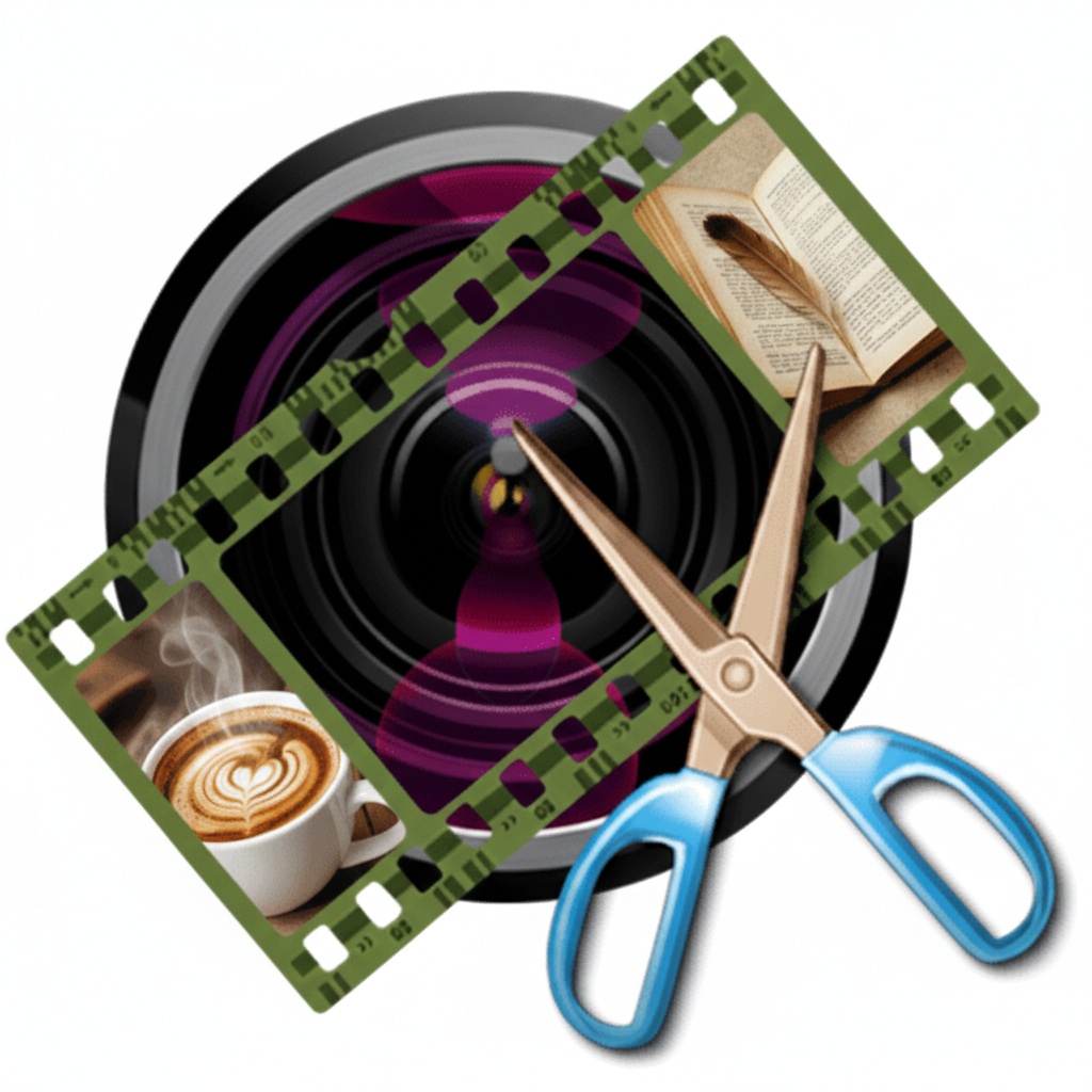 A creative suite montage featuring a camera lens, film strip, editing scissors, and a storytelling book for professional content creation.