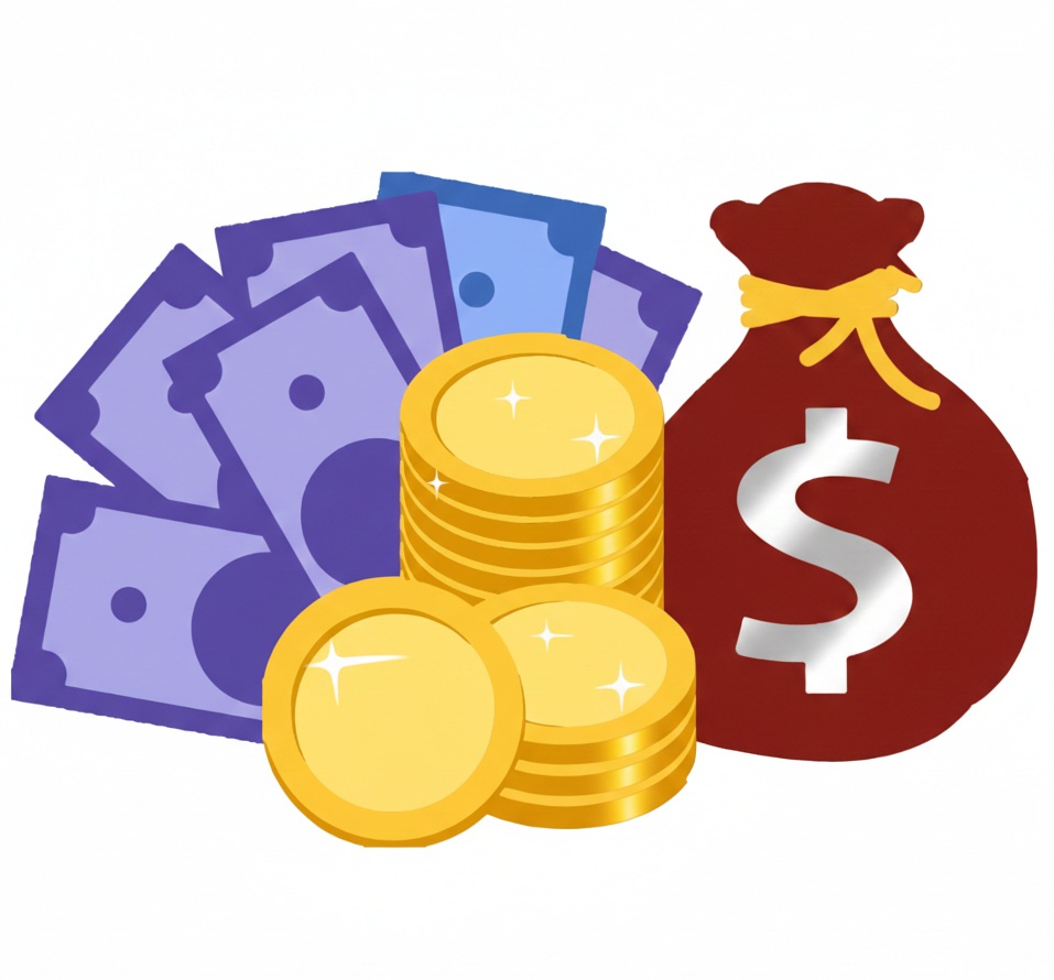 Illustration of a money bag, gold coins, and paper currency representing the digital economy and online monetization.