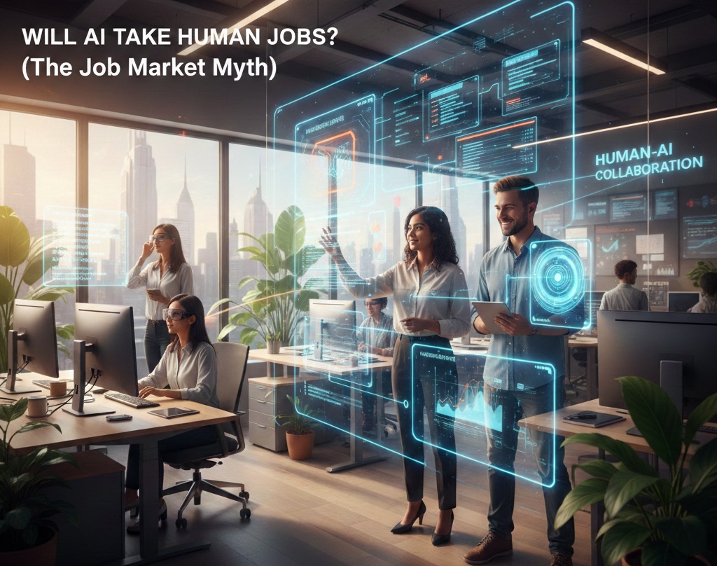 People working in an office with holograms showing Human-AI collaboration