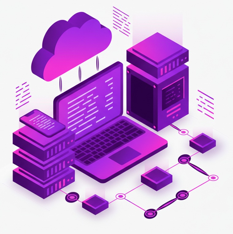 Isometric purple illustration of infrastructure and cloud solutions featuring a cloud icon, laptop, and data server towers.